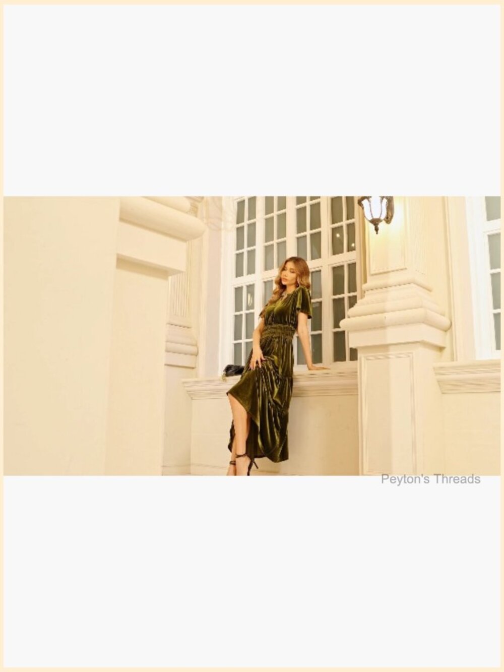 Velvet Short Sleeve V Neck Elastic Waist Tiered Ruffle A-Line Flowy Maxi Dress - Picture 7 of 7